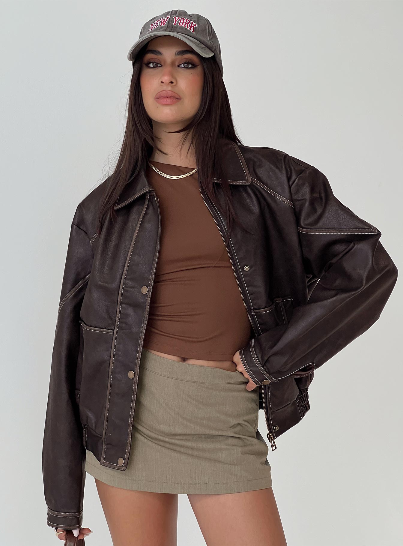 Jaxton Faux Leather Jacket Brown Petite