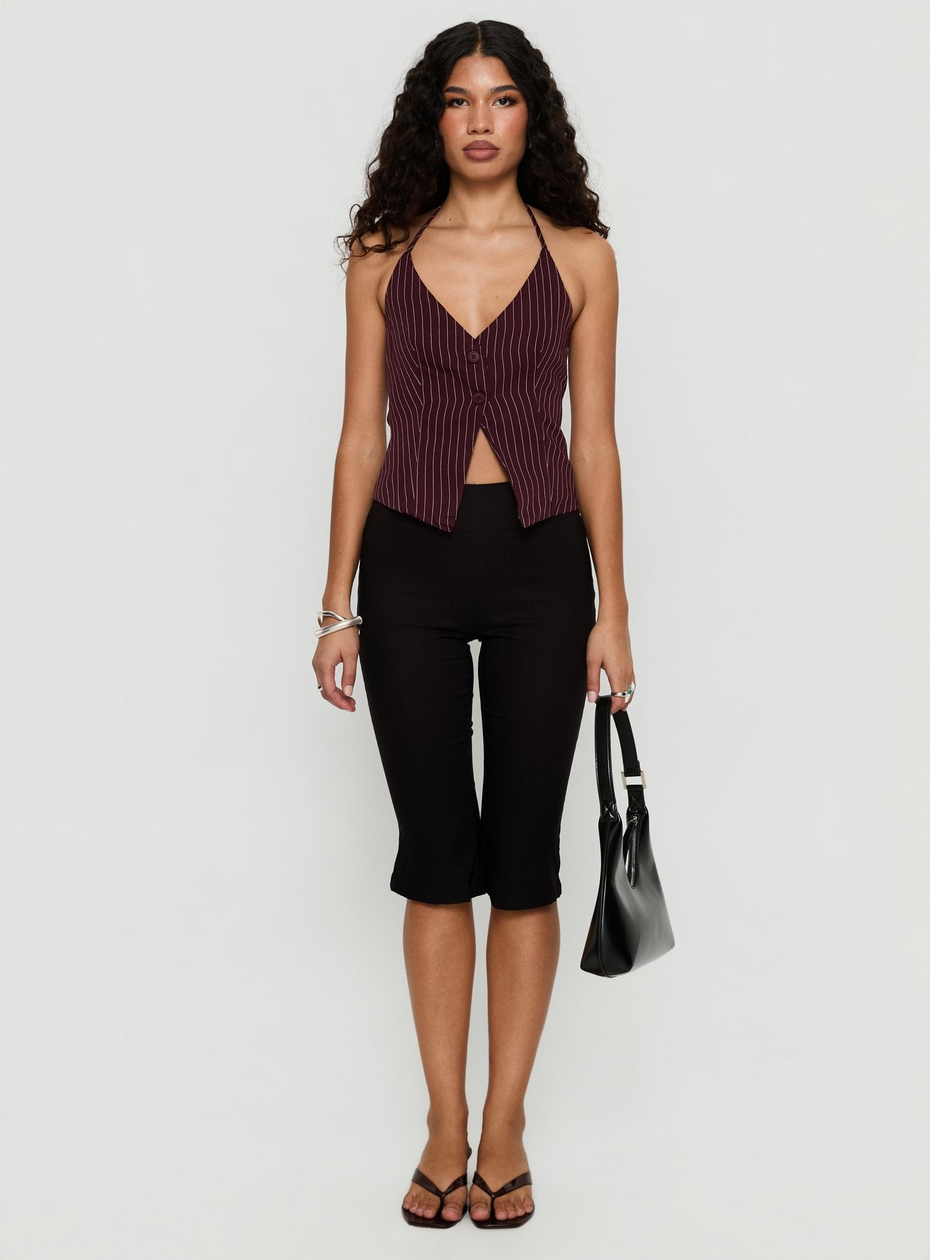 No Sleep Halter Top Burgundy Pinstripe