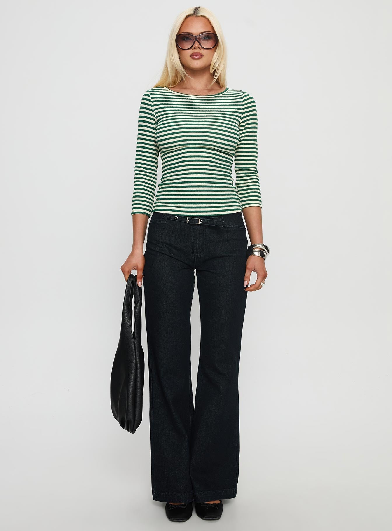 Missouri 3/4 Sleeve Textured Top Green Stripe