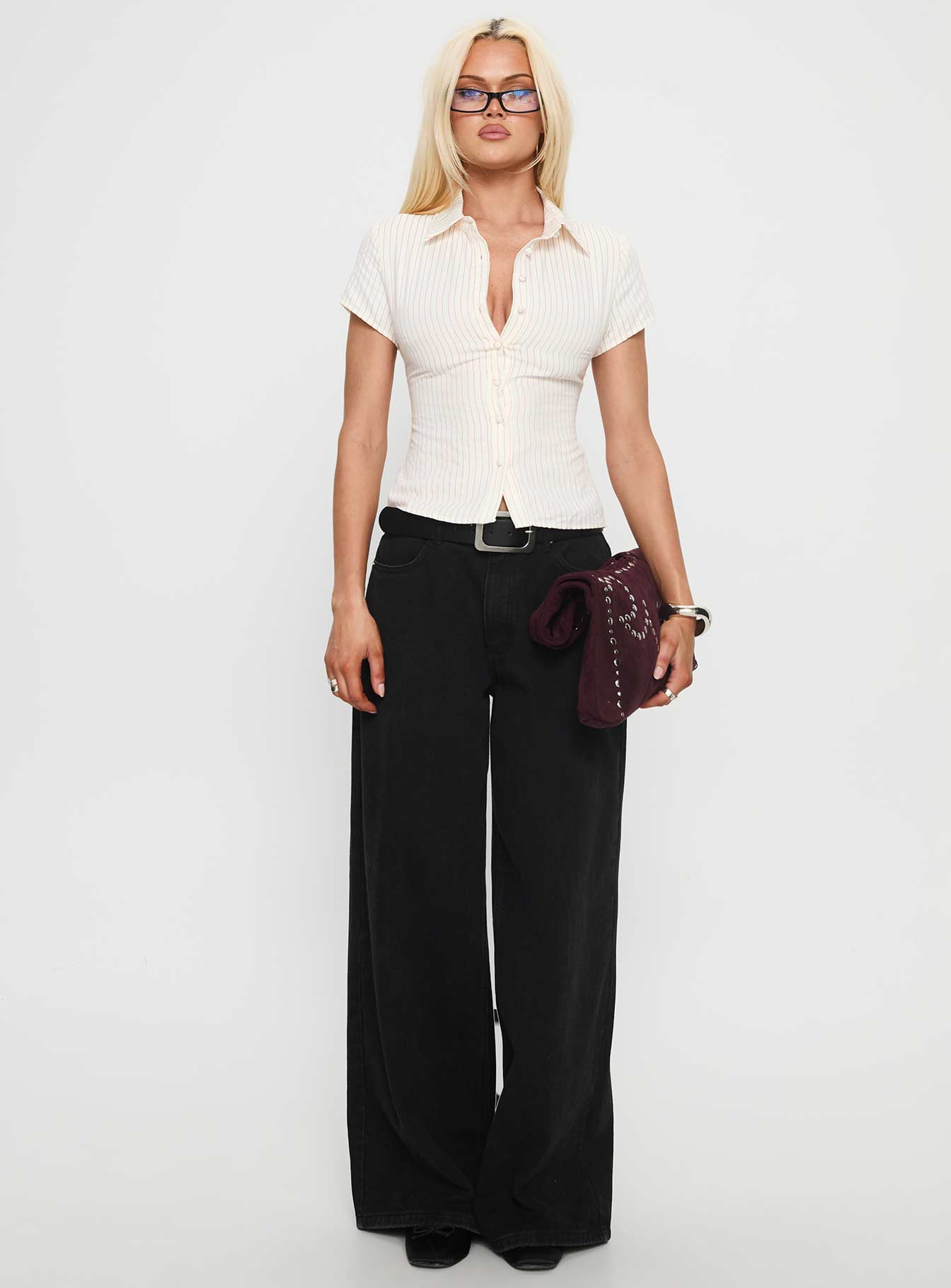 Lift Off Button Up Top White / Red Stripe