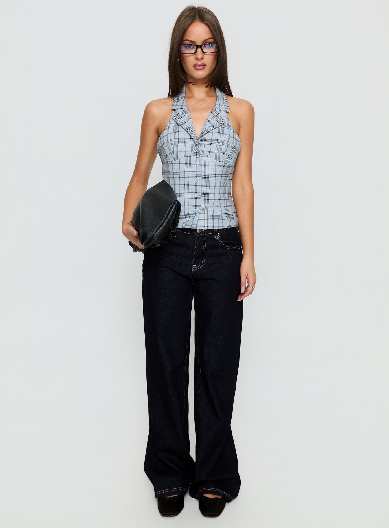 Lure Button Up Sleeveless Top Baby Blue Plaid