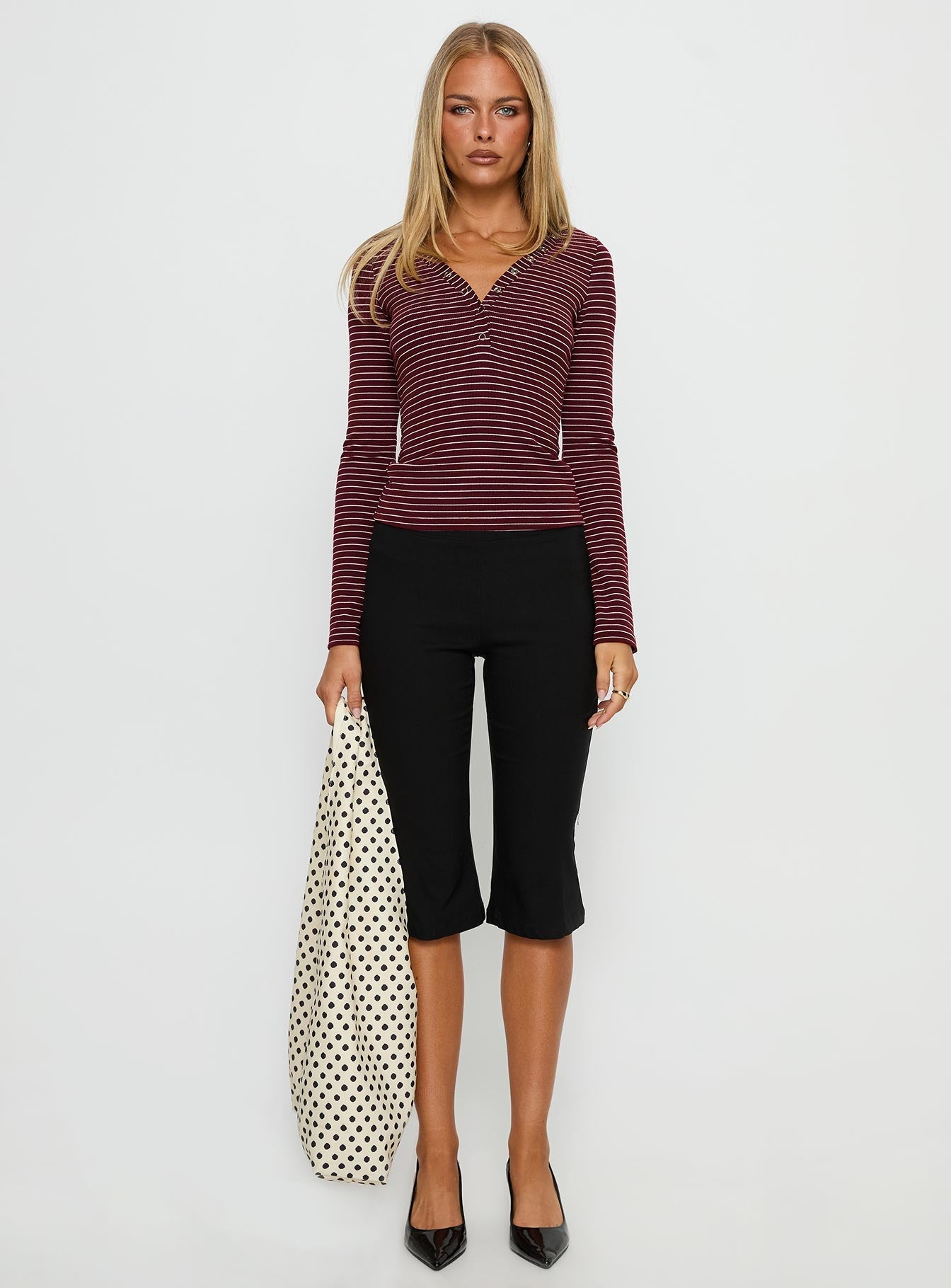 Georgeanna Button Up Long Sleeve Top Burgundy Stripe