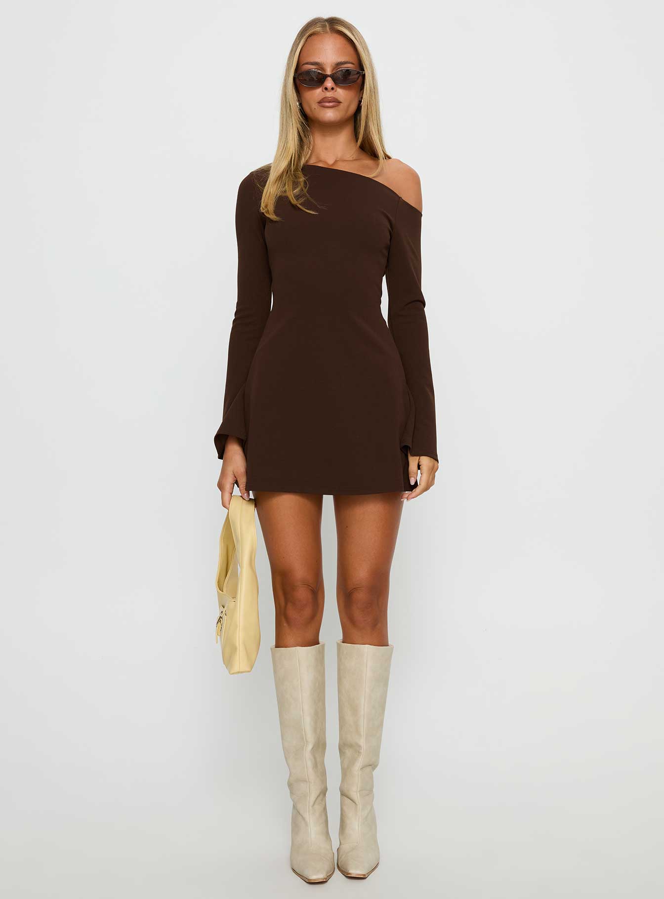 Adrietta Long Sleeve Off Shoulder Knit Mini Dress Brown