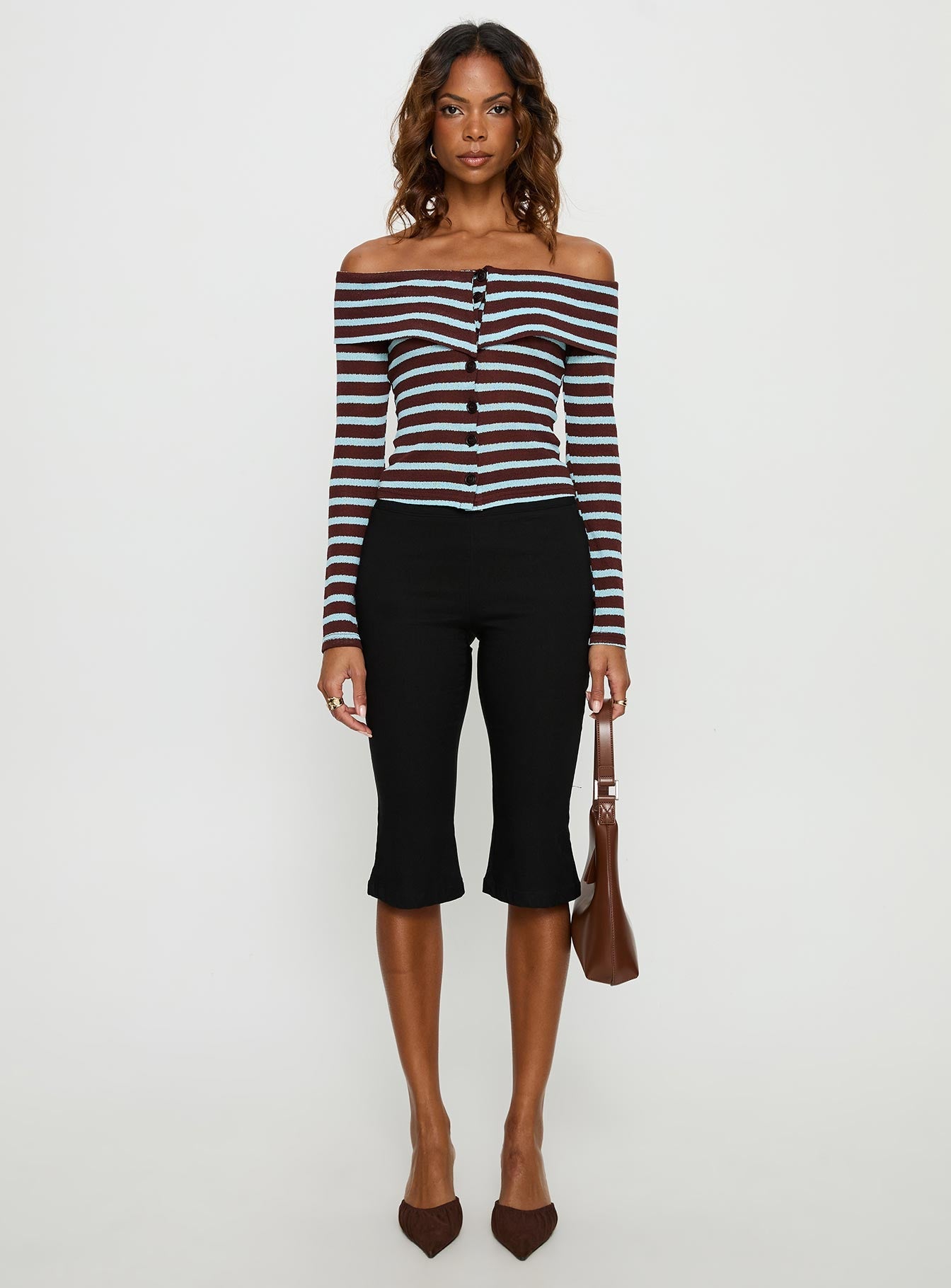 Raelena Off Shoulder Long Sleeve Top Blue / Brown Stripe