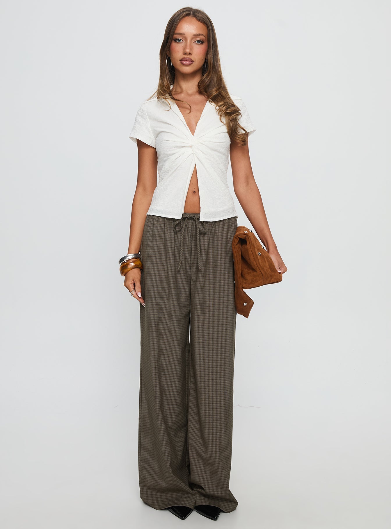 Ketrina Tie Waist Pants Brown Plaid