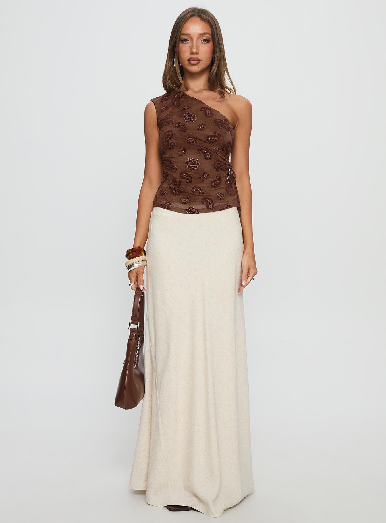 Addysin One Shoulder Top Brown Paisley