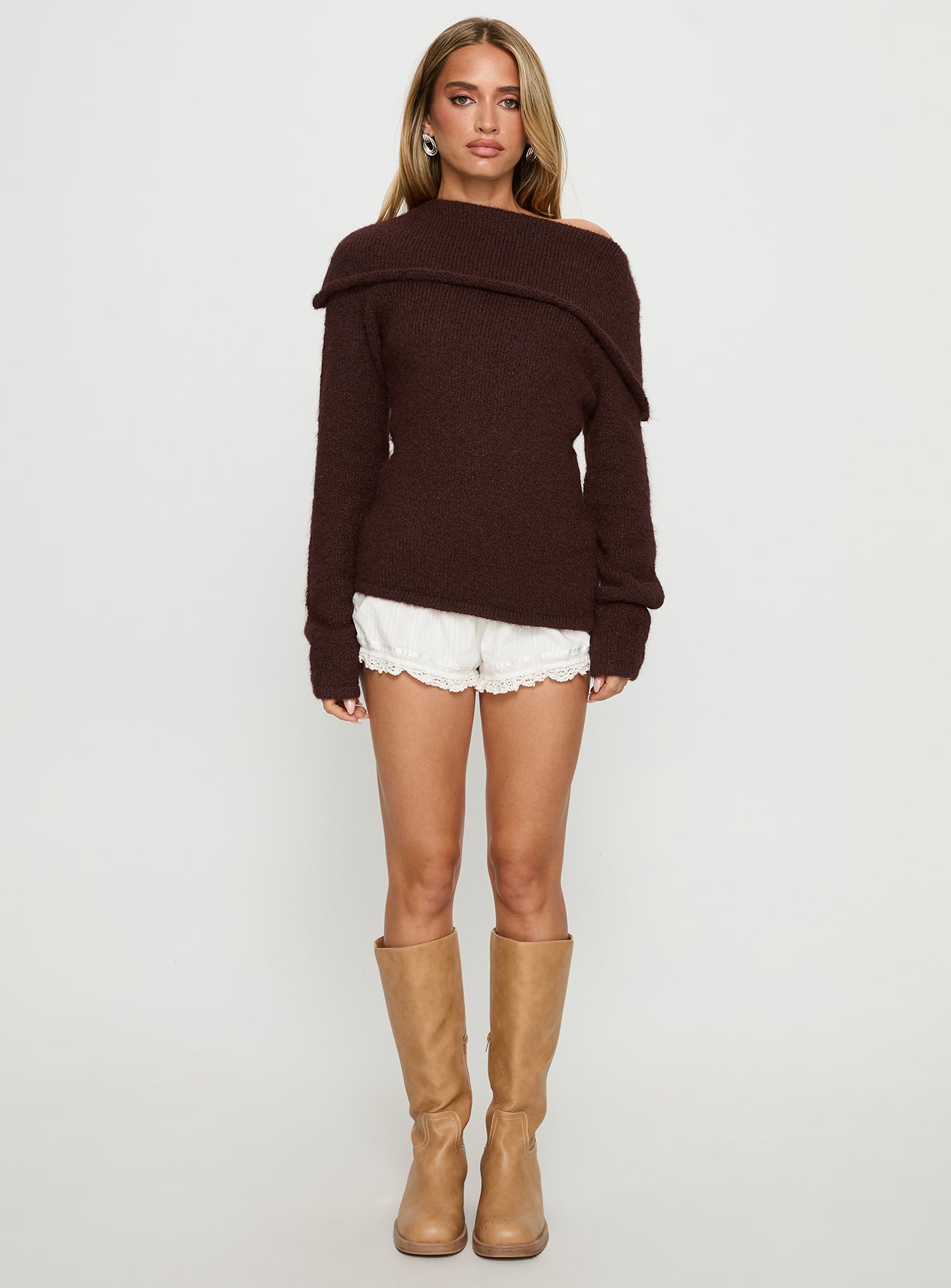 Kinslea Off Shoulder Knit Sweater Brown