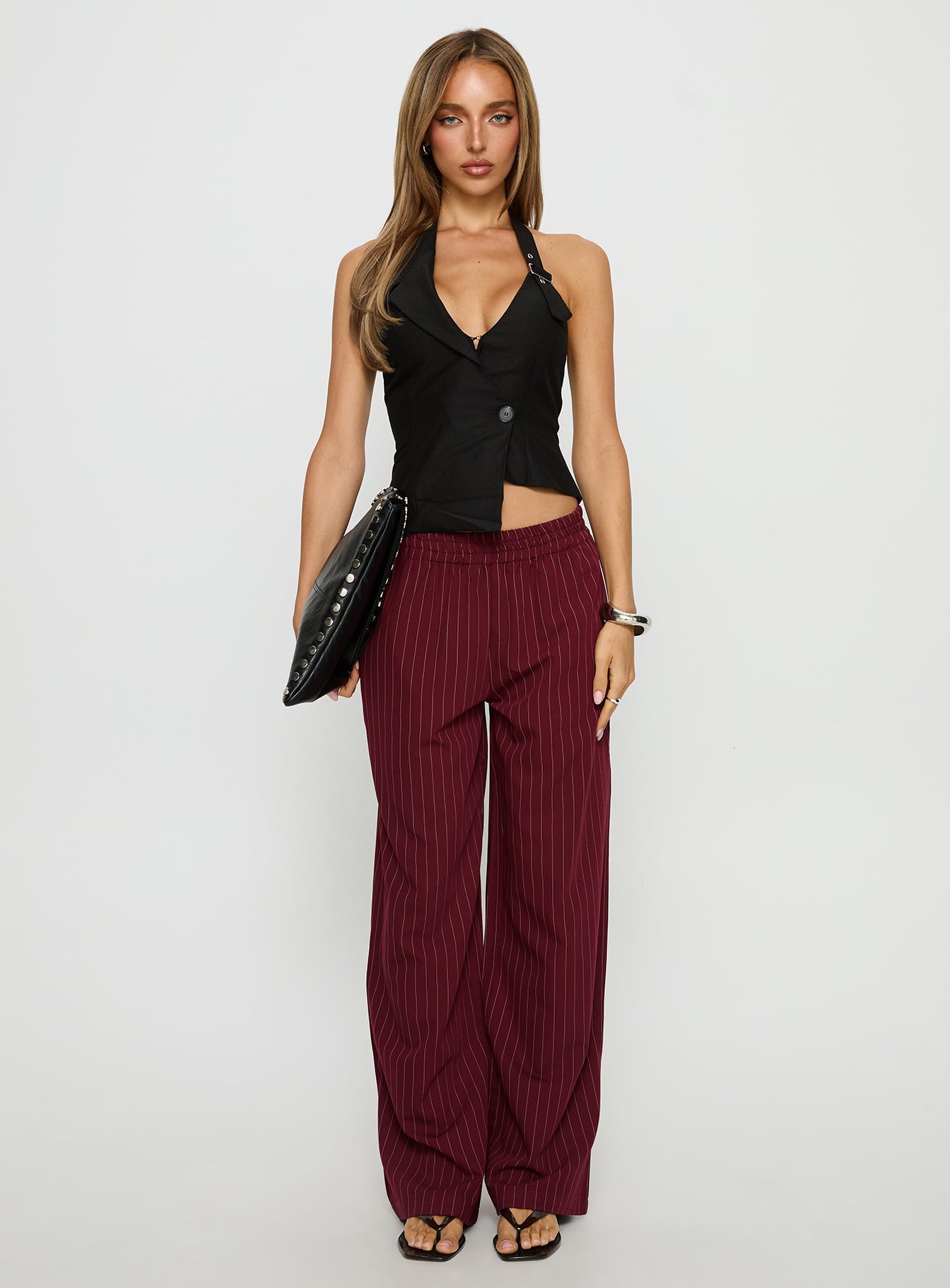 Jaysa Baggy Wide Leg Pant Burgundy Pinstripe
