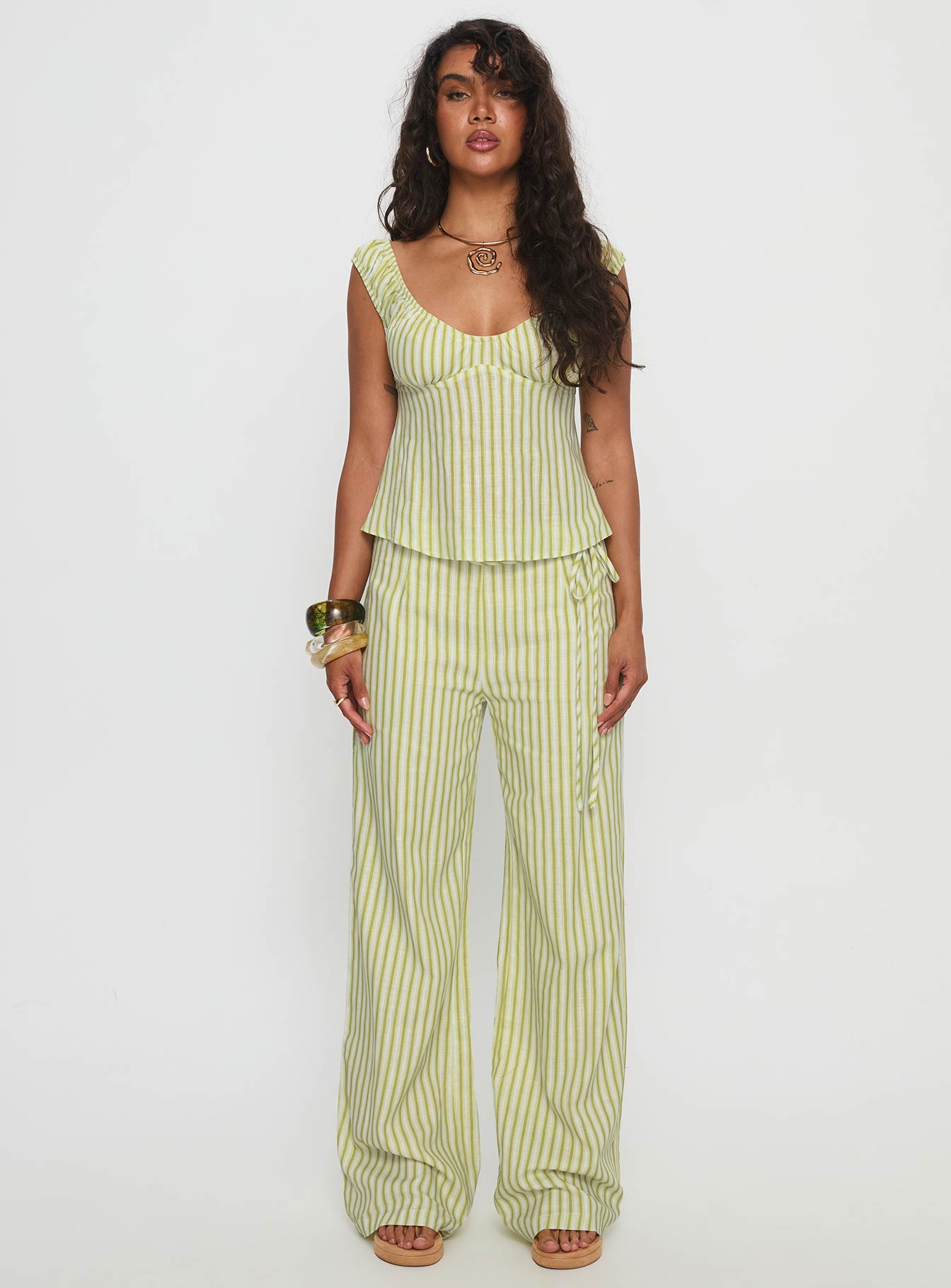 With Pleasure Tie Side Pant Green / Blue Stripe