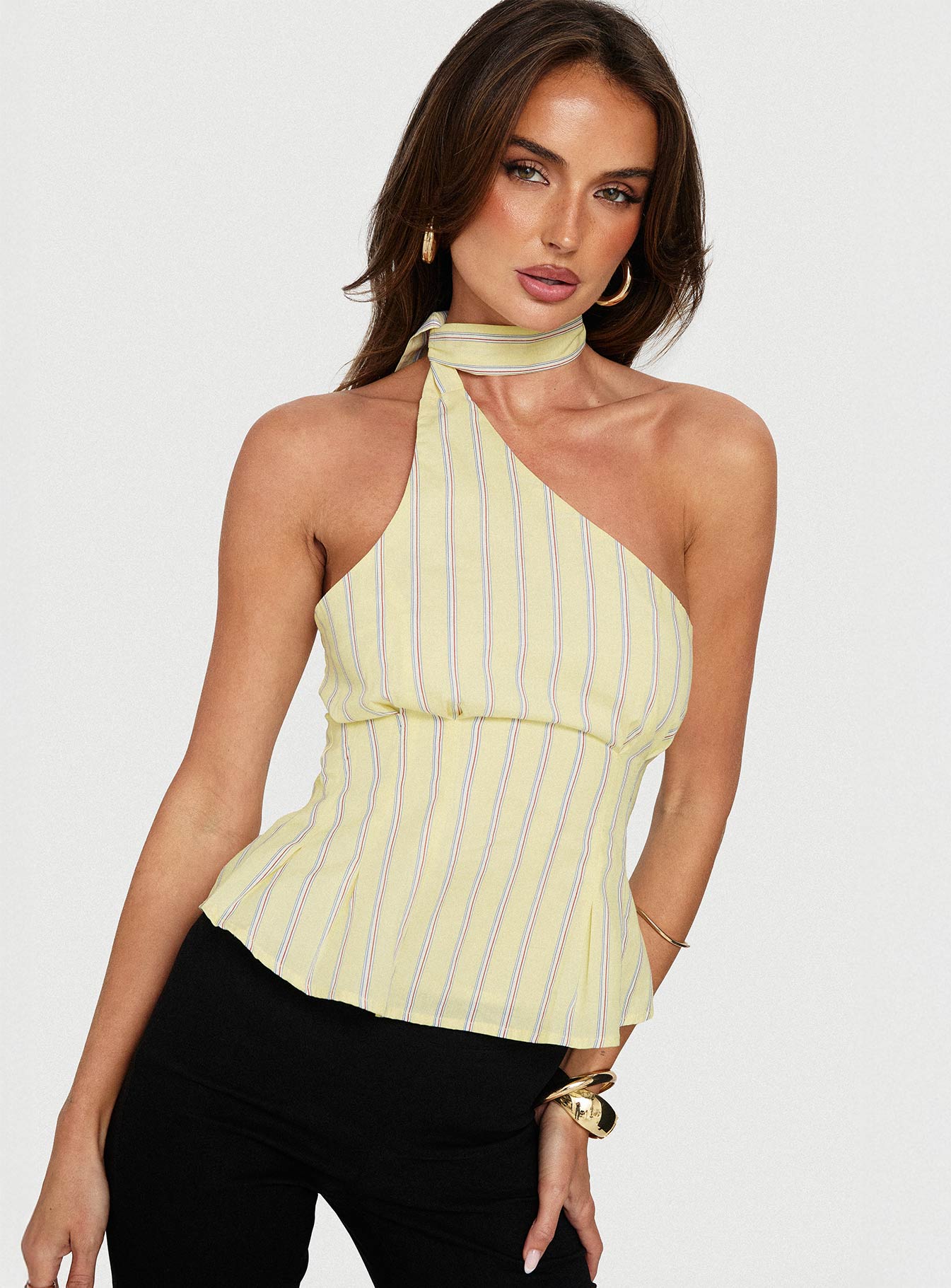 Zukaia One Shoulder Scarf Top Yellow Stripe