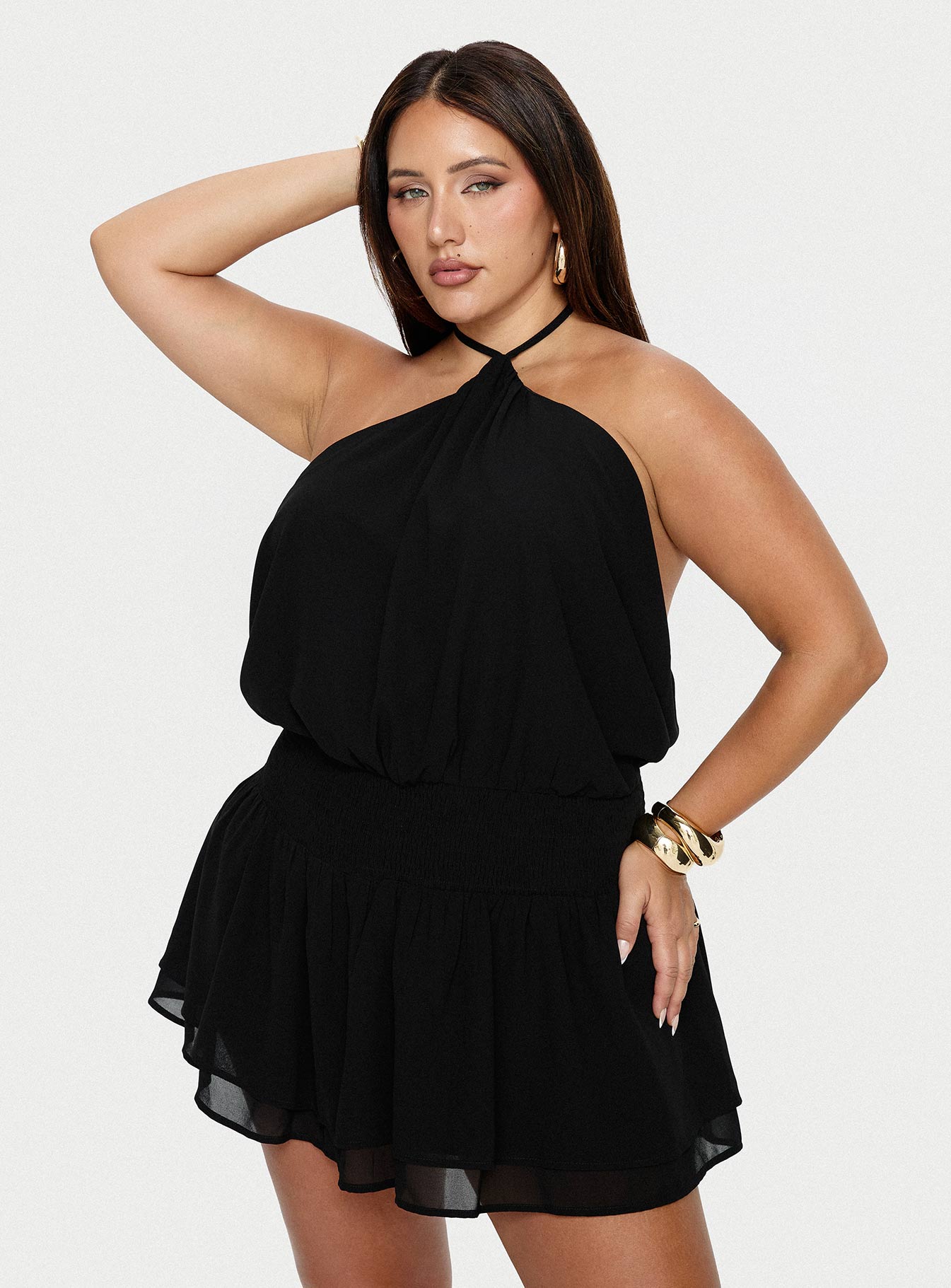 Khamira Halter Shirred Mini Dress Black Curve