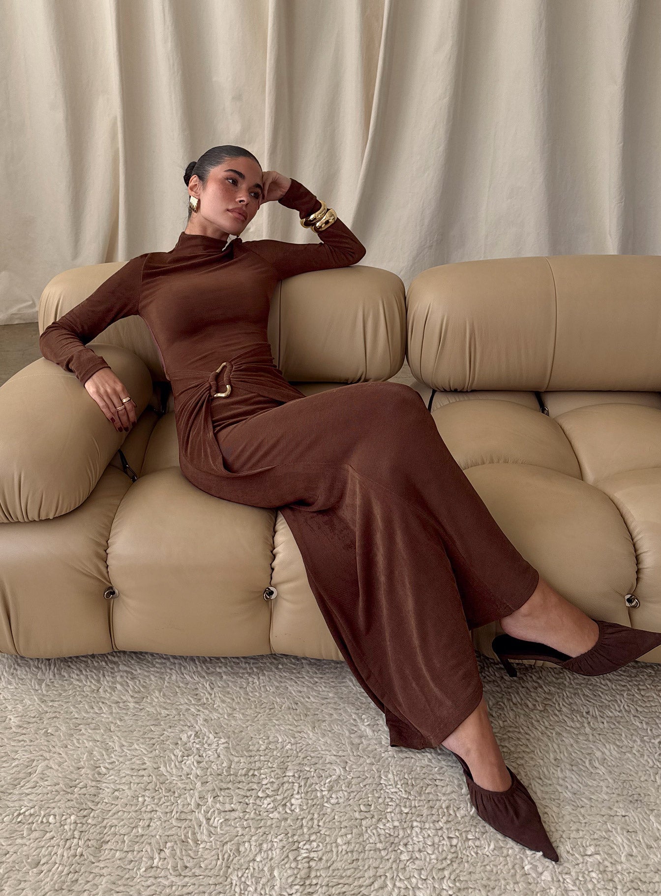 Yaqueline Long Sleeve Ruched Maxi Dress Chocolate