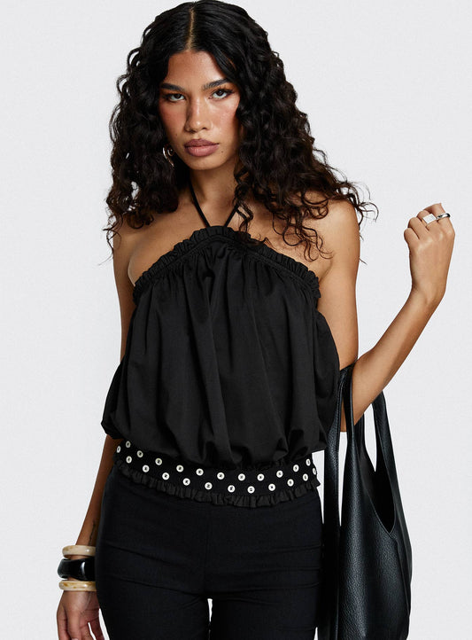 Mikki Tie Neck Button Detail Top Black