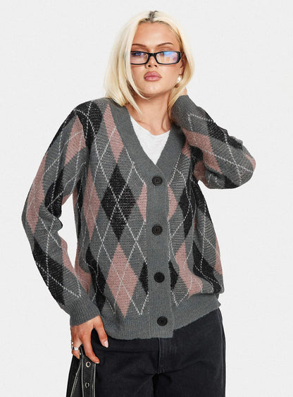 Zeeva Button Through Knit Cardigan Grey Argyle
