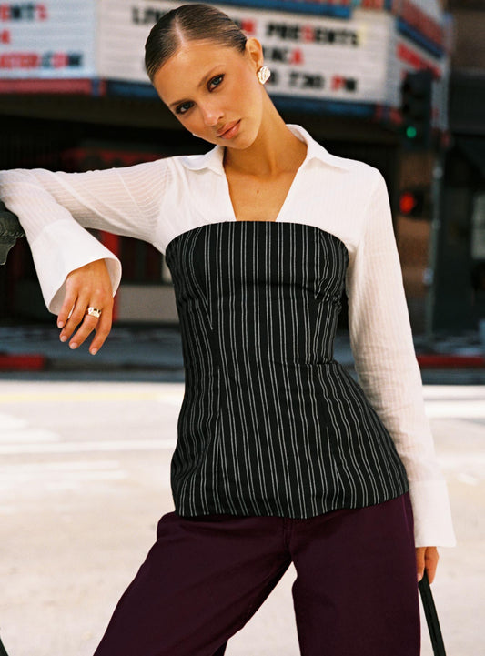 Maralyn Strapless Top Black Pinstripe