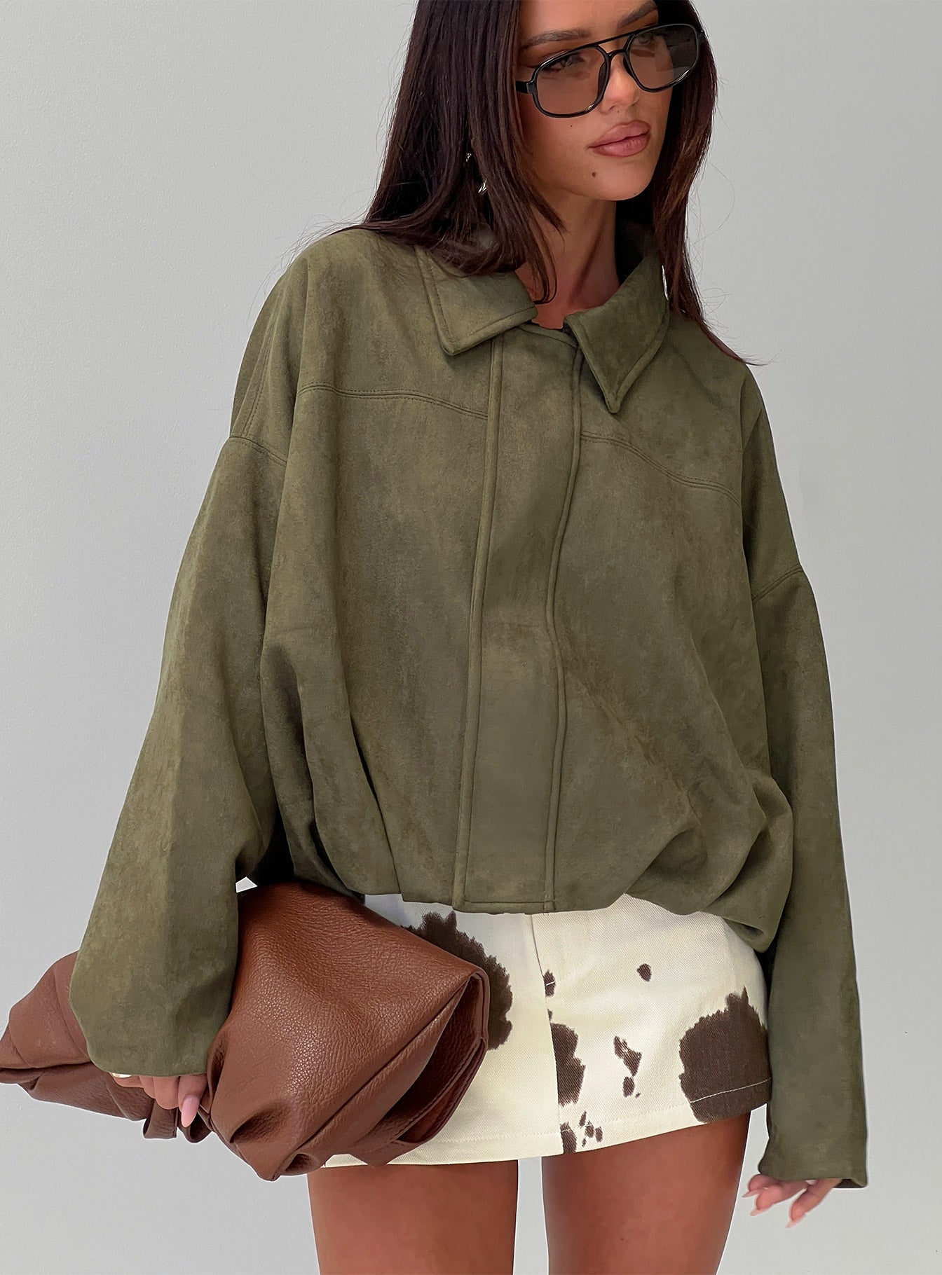 Enlightened Faux Suede Bomber Jacket Khaki