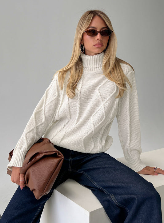 Tarynne Cable Knit Turtle Neck Sweater Beige