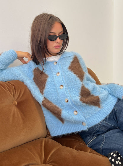 Lynnsey Fluffy Collared Knit Sweater Blue Argyle