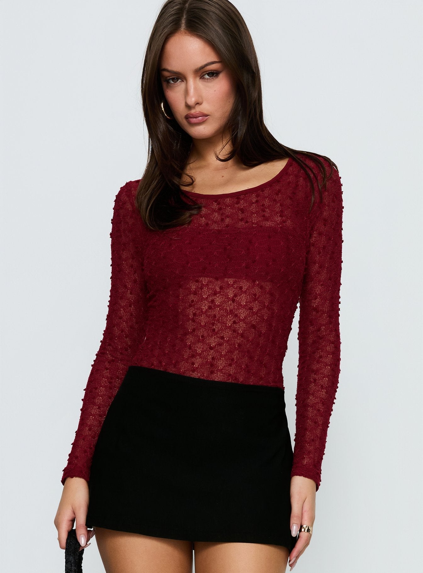Harly Sheer Long Sleeve Bodysuit Red