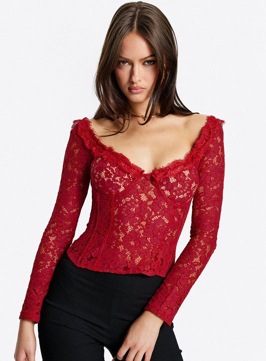 Miquela Long Sleeve Corset Lace Top Red