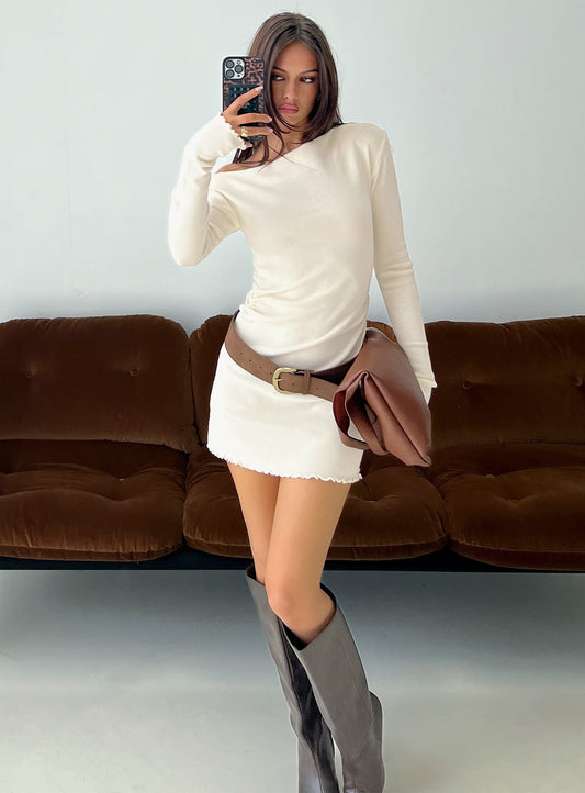 Yelsie Off Shoulder Long Sleeve Mini Dress Cream