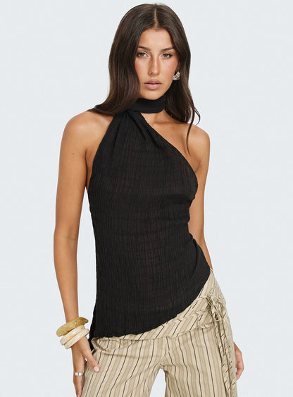 Yaleina One Shoulder Tie Scarf Top Black