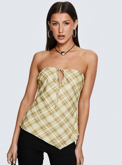 I Wonder Strapless Cut Out Top Yellow Check