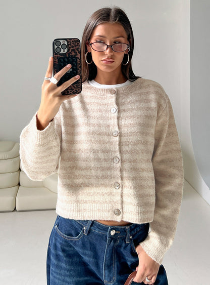 Raynna Button Up Cardigan Beige Stripe