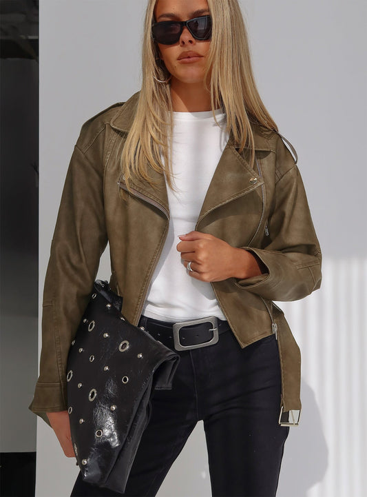 Talisha Faux Leather Biker Jacket Brown