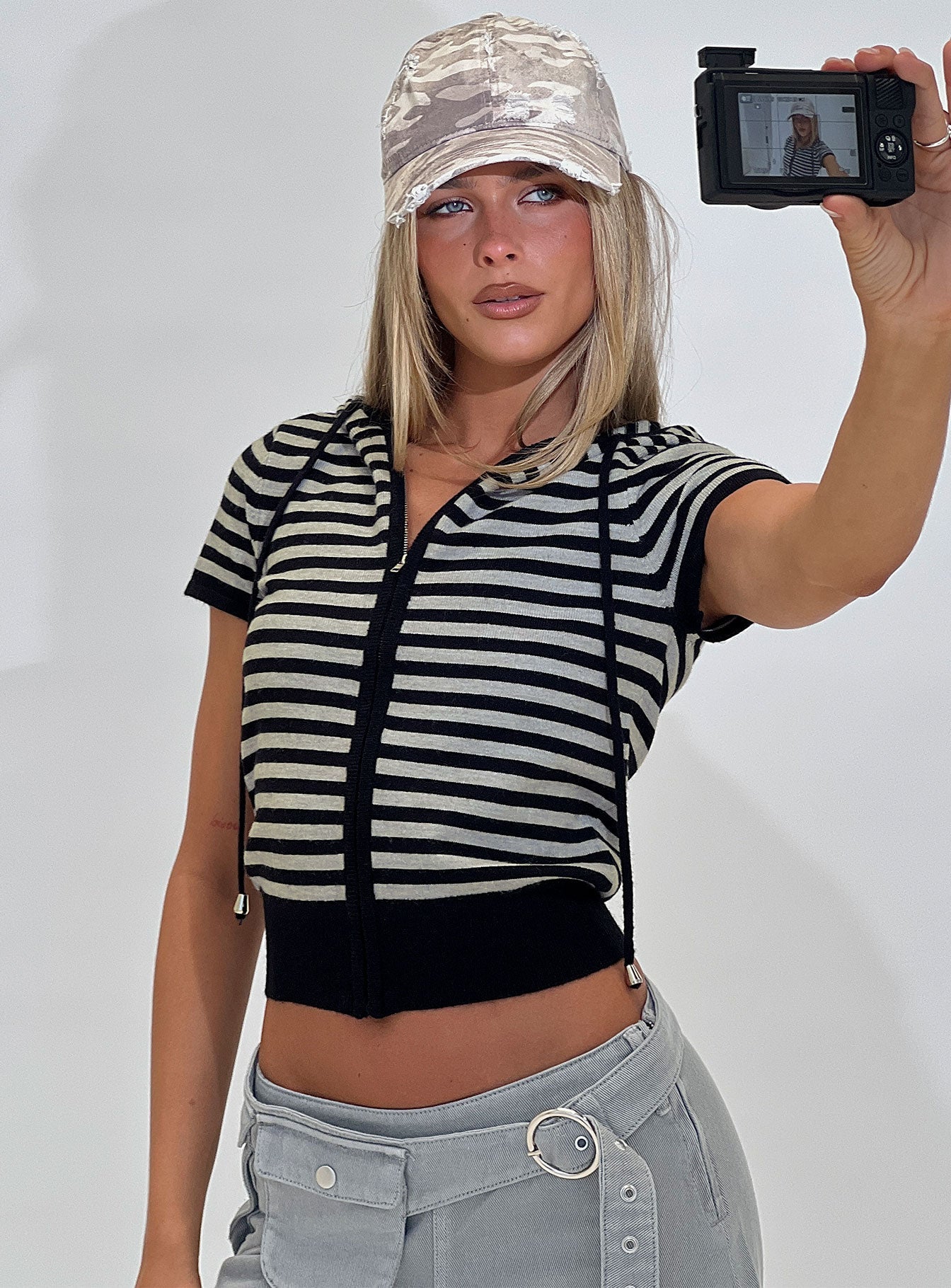 Kahlee Zip Through Hoodie Grey / Black Stripe