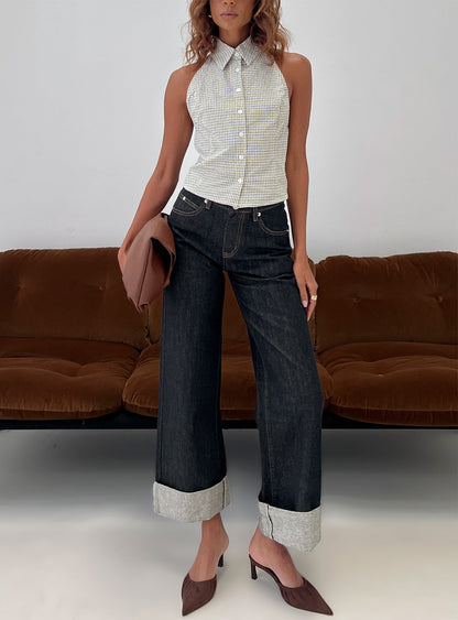 Squire Mid Rise Straight Leg Folded Hem Jeans Indigo Wash