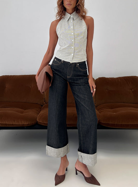 Squire Mid Rise Straight Leg Folded Hem Jeans Indigo Wash