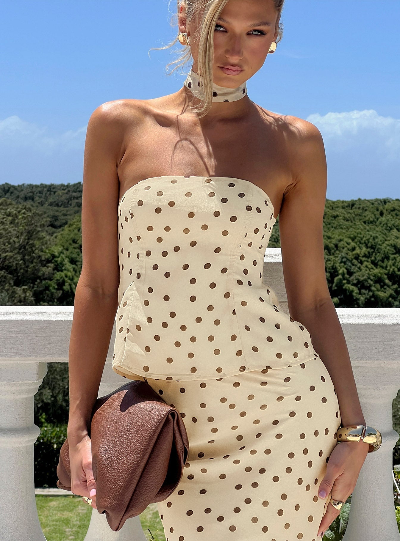 Sydni scarf detail strapless top Yellow / Chocolate polka