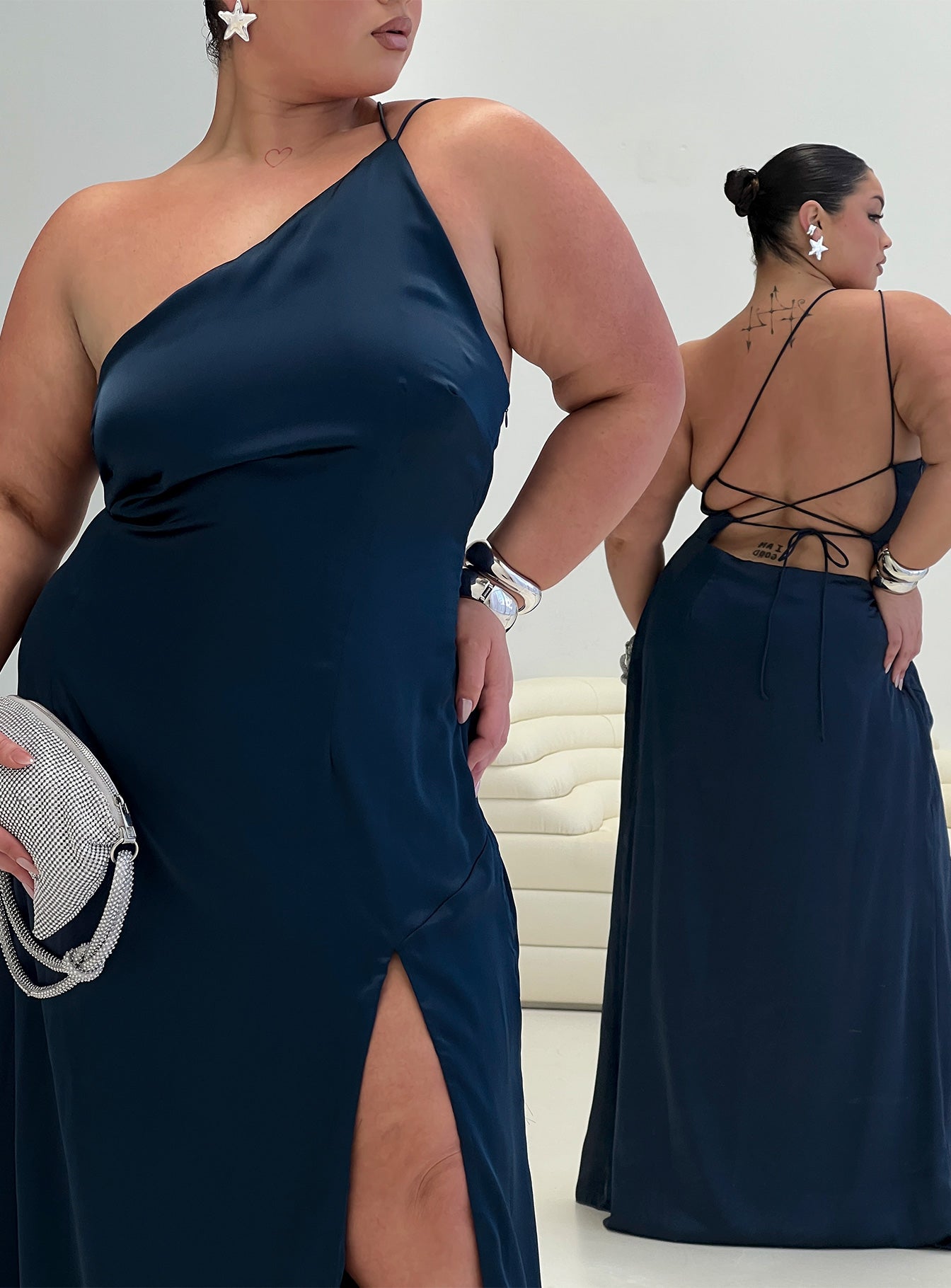 Kiss Of Life Satin Maxi Dress Navy Curve