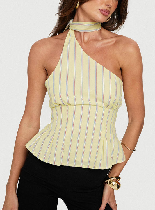 Zukaia One Shoulder Scarf Top Yellow Stripe