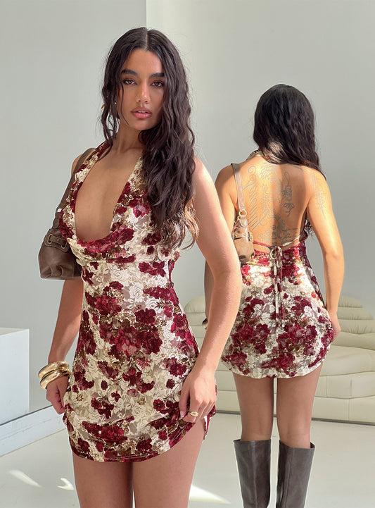 Salome Halter Cowl Neck Mini Dress Red Multi