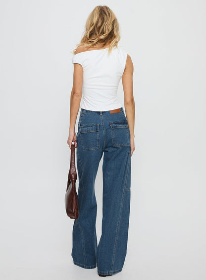 Bruiser Tie Waist Mid Rise Wide Leg Jeans Mid Blue Wash
