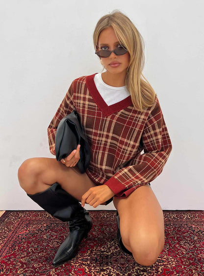 Sydda V Neck Knit Sweater Red Plaid