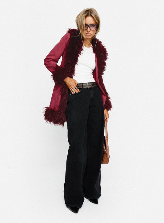 Josefina Faux Fur Detail Jacket Wine
