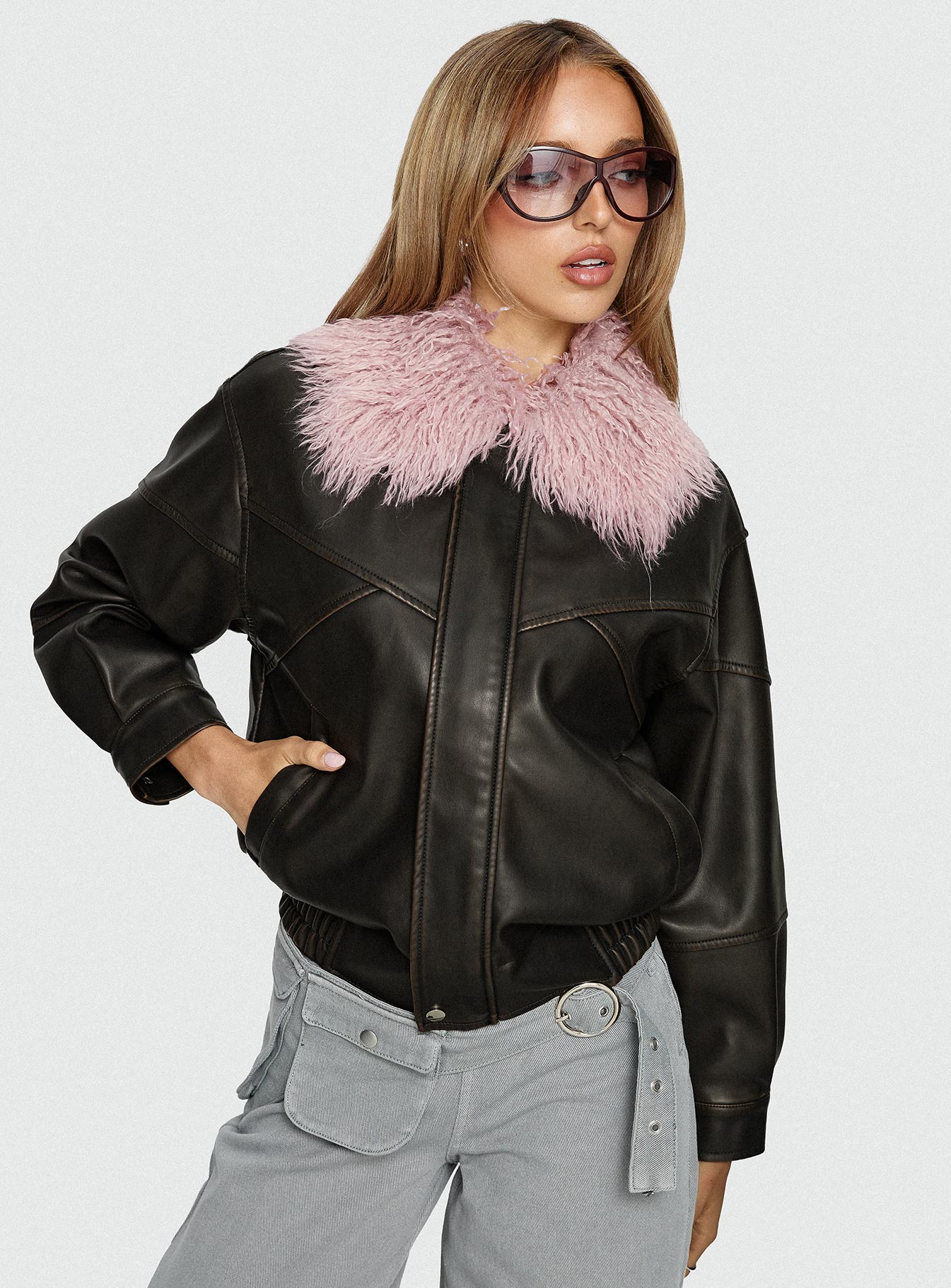 Brittanni Fluffy Collar Jacket Brown / Pink