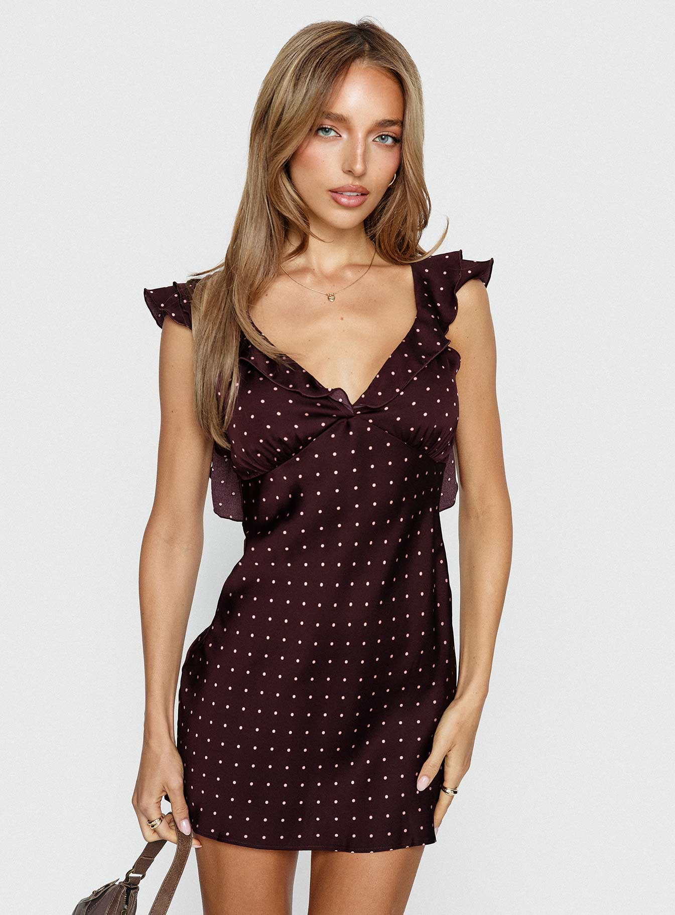 Kamillah Frill Mini Dress Burgundy Polka Dot