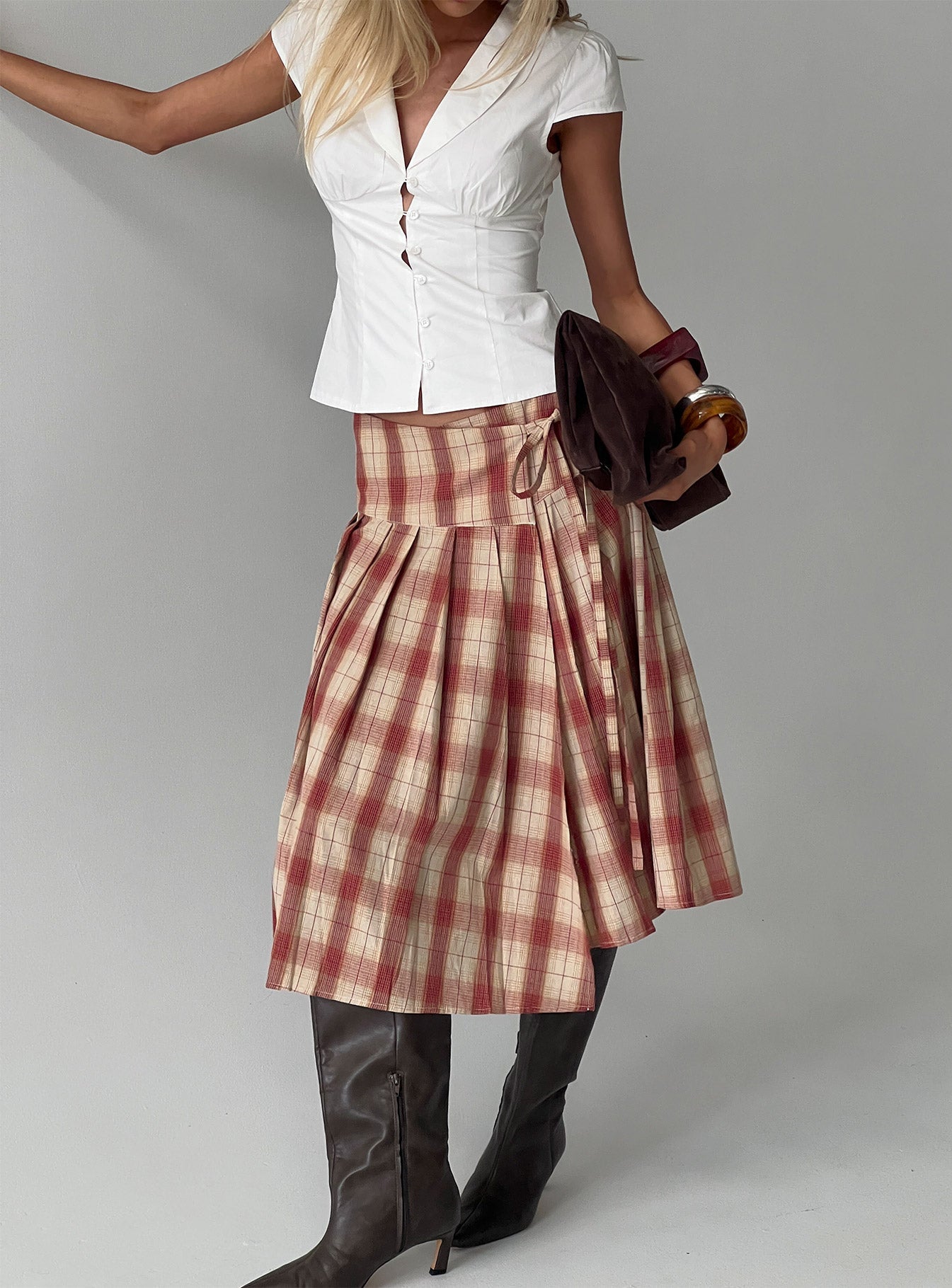 Norie Wrap Pleat Midi Skirt Red Plaid