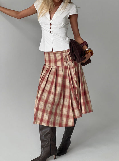 Norie Wrap Pleat Midi Skirt Red Plaid