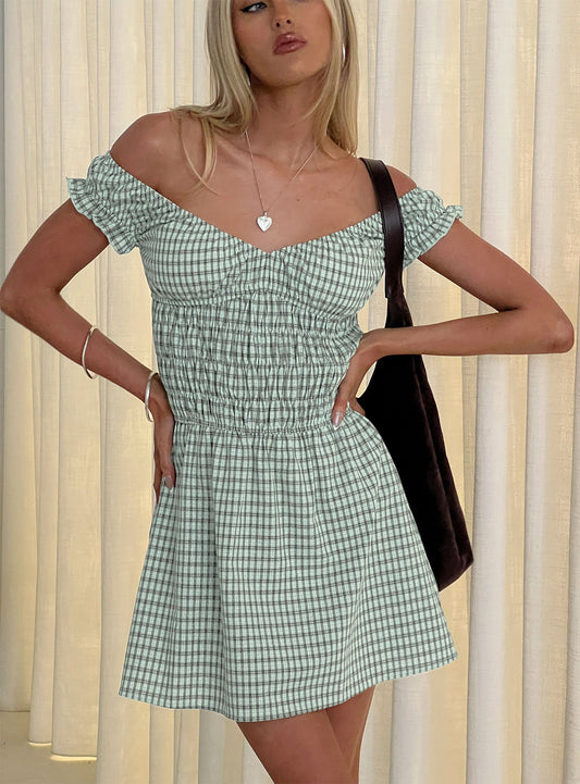 Olwen Ruched Romper Green Check