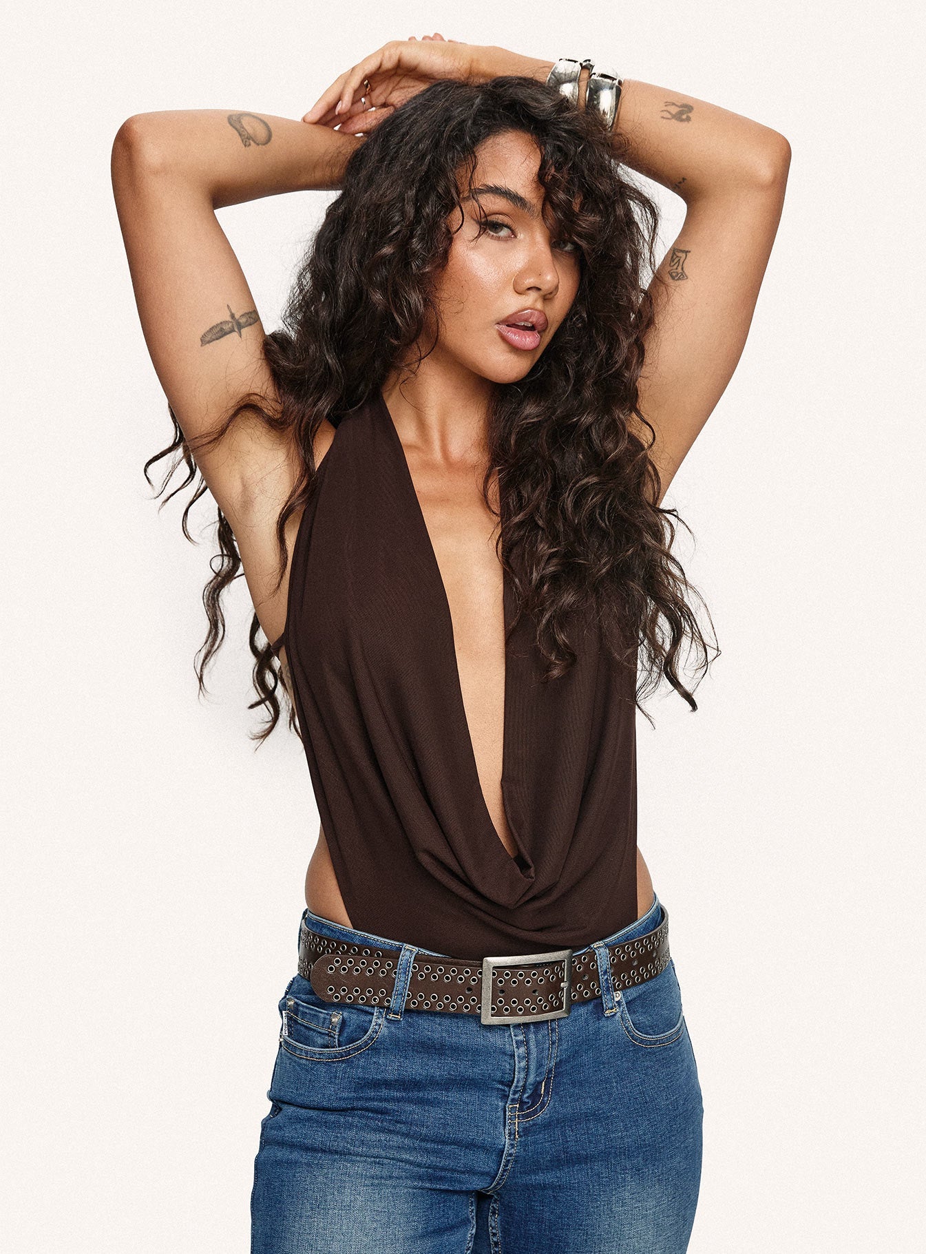 Quinna Plunge Neck Backless Bodysuit Chocolate