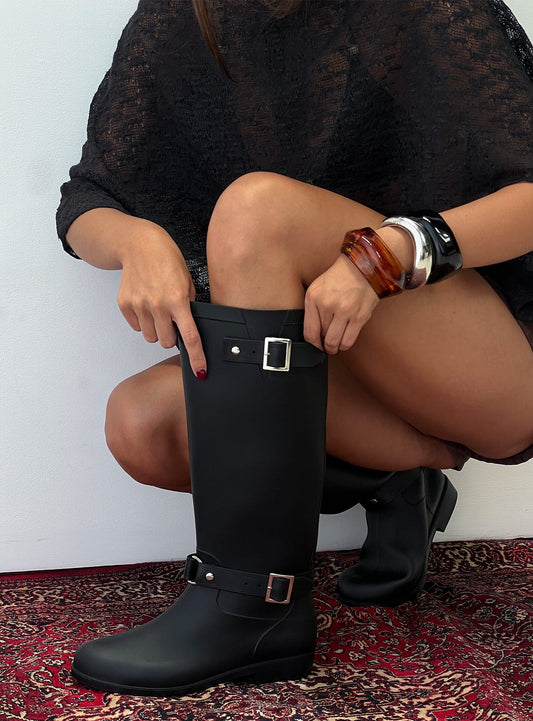 Elvera Buckle Detail Knee High Boots Black