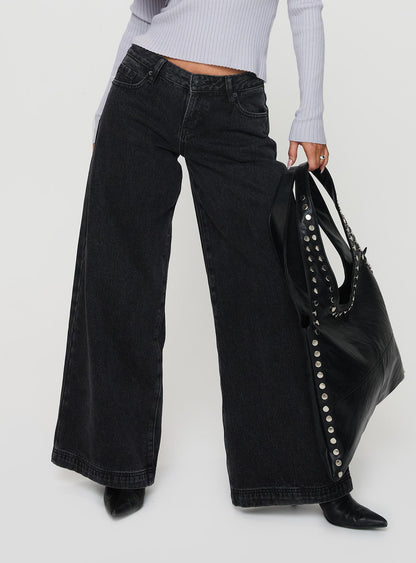 Ribbon Stamp Low Rise Wide Leg Jeans Washed Black
