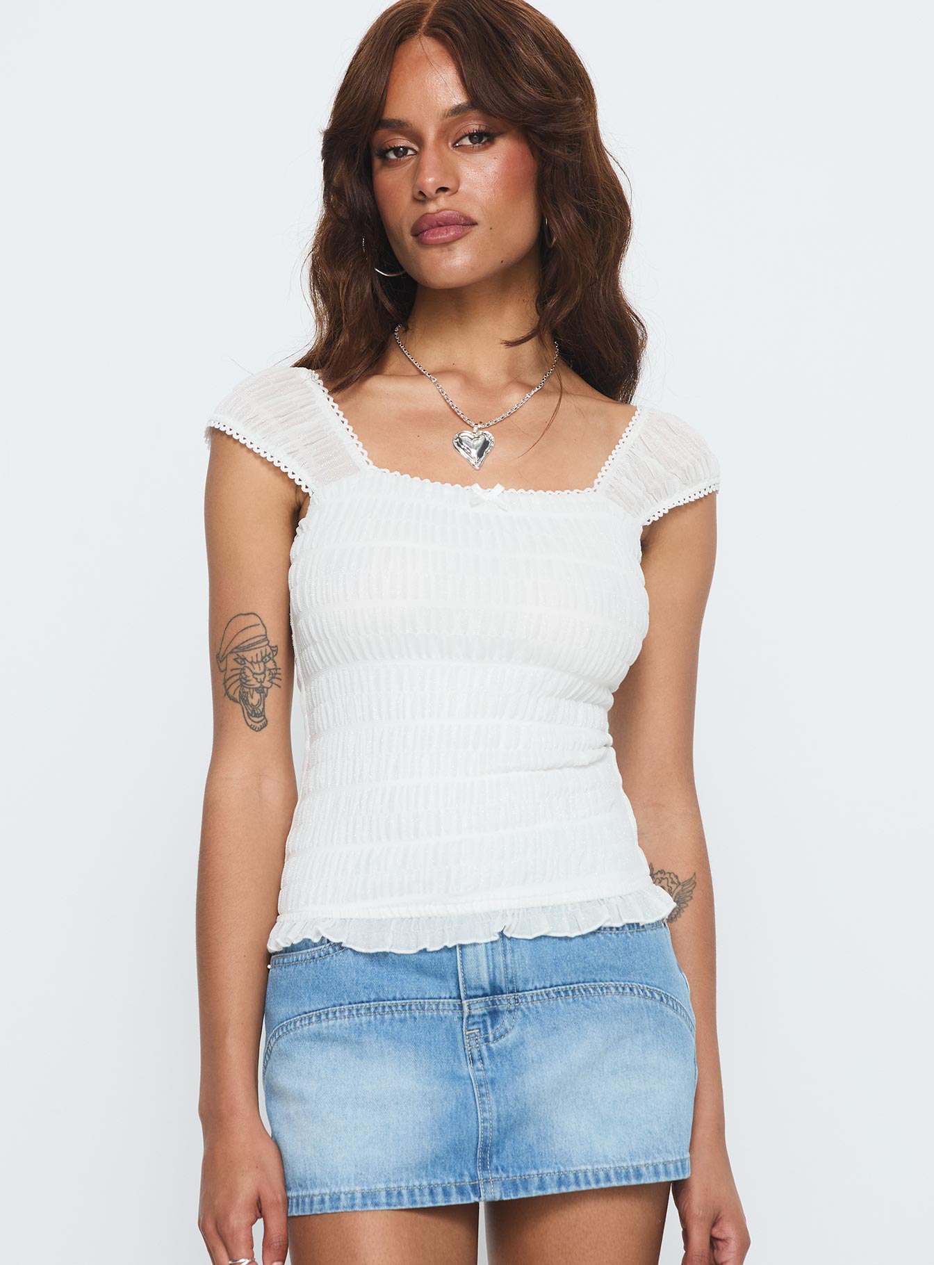 Honeymooner Cap Sleeve Frill Top White