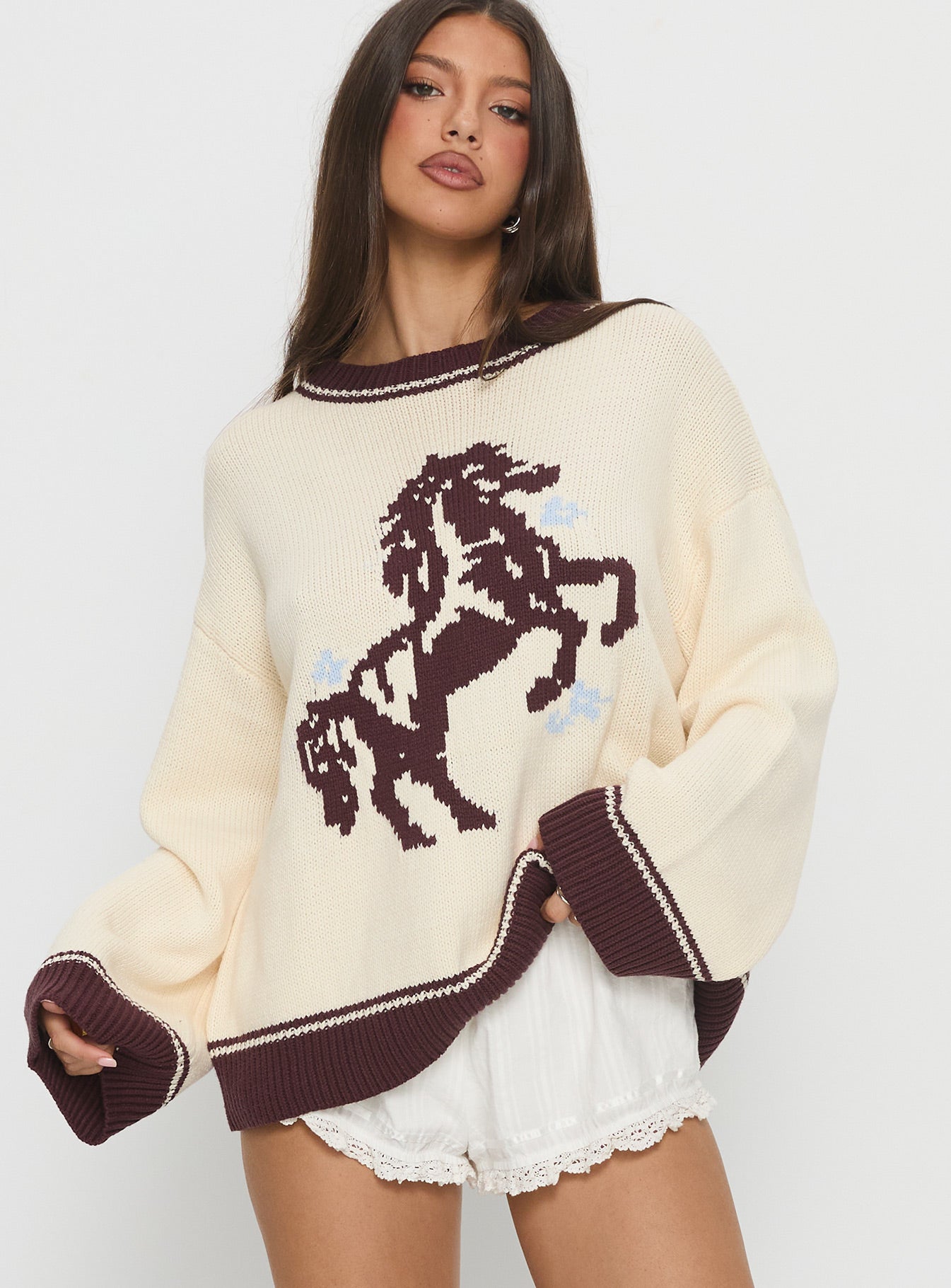 Rhianonn Horse Graphic Knit Sweater Cream / Brown