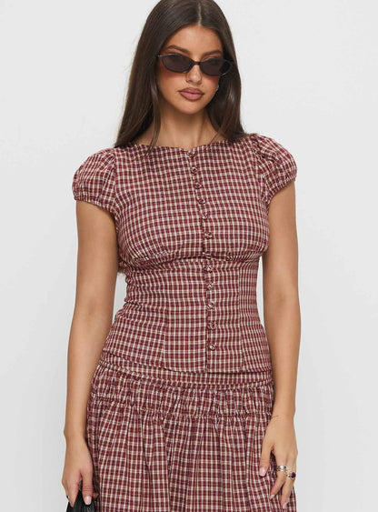 Alixandra Puff Sleeve Blouse Top Red Check